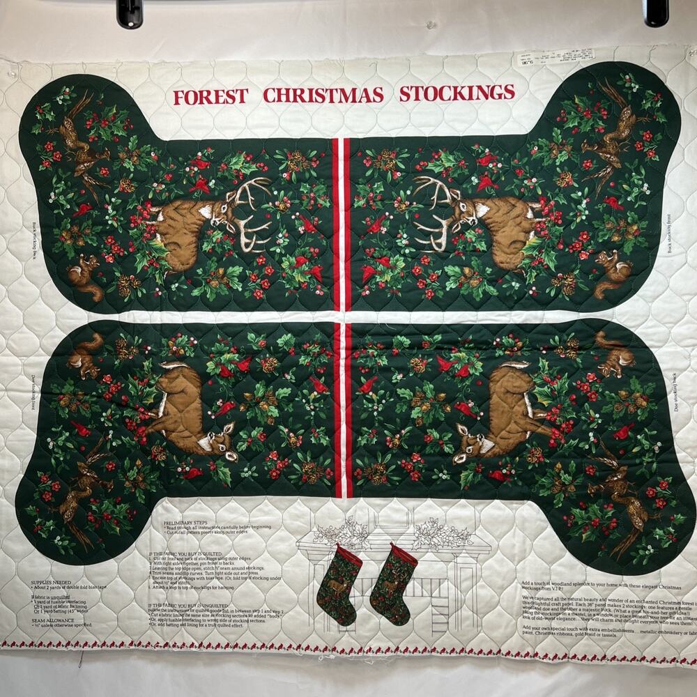 Vintage Cut N Sew Doe Buck Forest Christmas Stockings Quilted Set of 2 Pair Deer